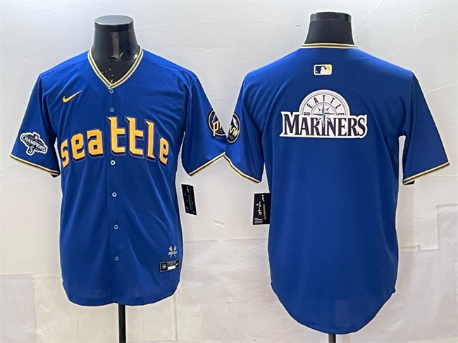 Men's Seattle Mariners Team Big Logo Royal With 2025 AL West Division Champions Patch City Connect Limited Stitched Baseball Jersey Men's Seattle Mariners Team Big Logo Royal With 2025 AL West Division Champions Patch City Connect Limited Stitched Baseball Jersey